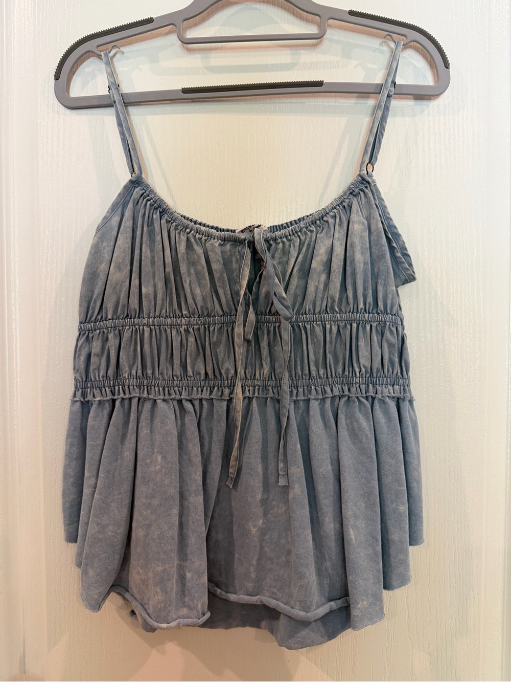eesome Light Washed Blue Smocked Camisole with Front Tie
